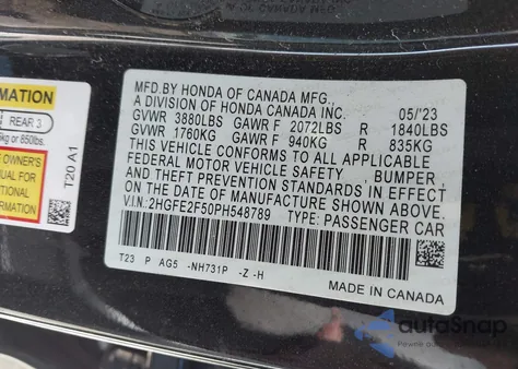 2023 Honda Civic Sport из США, поврежденный, VIN 2HGFE2F50PH548789